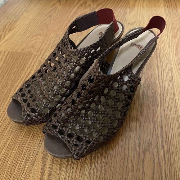 CAMPER Brown woven Peep toe slingback heels size 37 US 7 - Picture 8 of 9